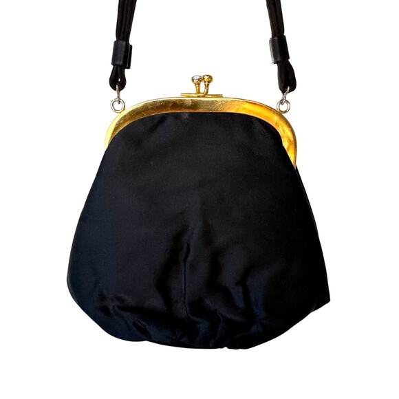 Vintage 1940s Black Evening Bag Art Deco Style Gold Kiss Clasp Rhinestone Clutch - Picture 1 of 11
